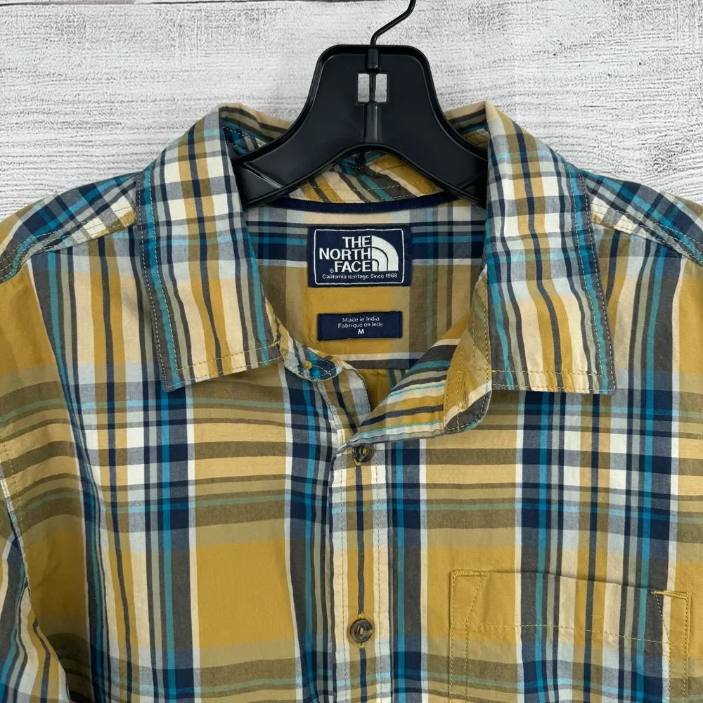 The North Face Plaid Button‎ Down Casual Shirt Yellow Blue Cotton Long Sleeve M